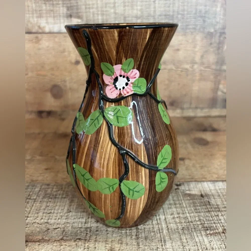 Vintage NSP Hand Painted Pottery Made in Italy Brown Floral 6.5” Pink Flowers